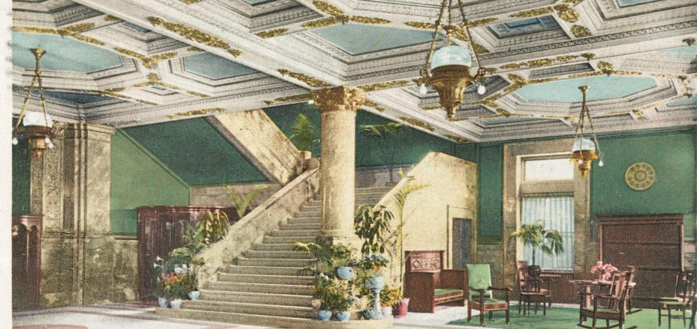 old illustration of a hotel lobby